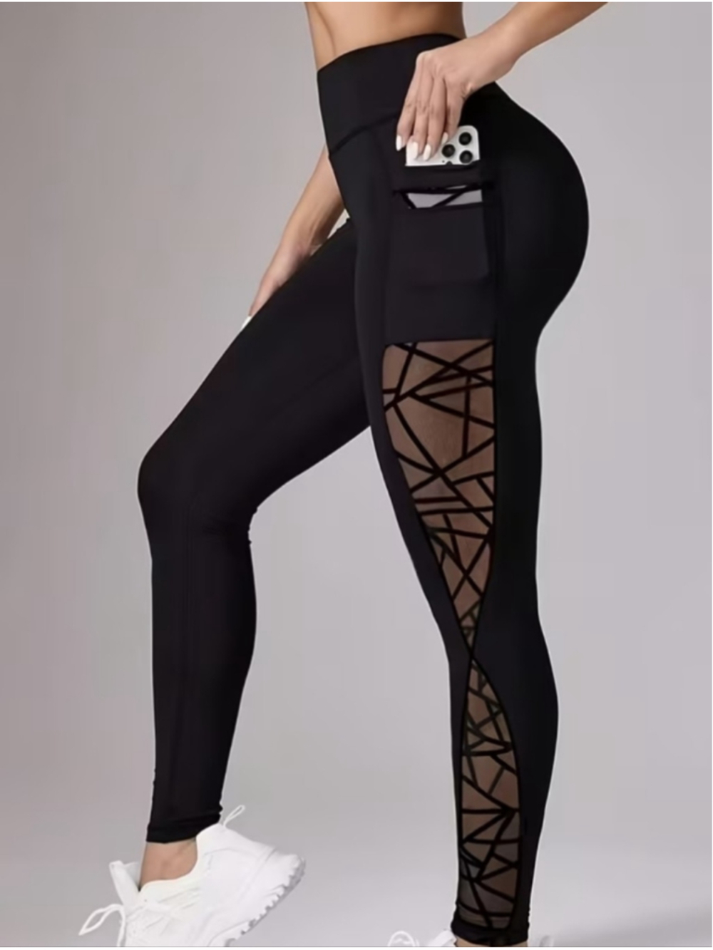 High-Waist Black Mesh Panel Leggings with Side Pocket - Picture 3 of 11